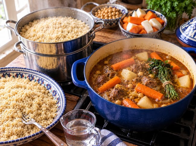 Add Dense Vegetables and Begin Steaming the Couscous