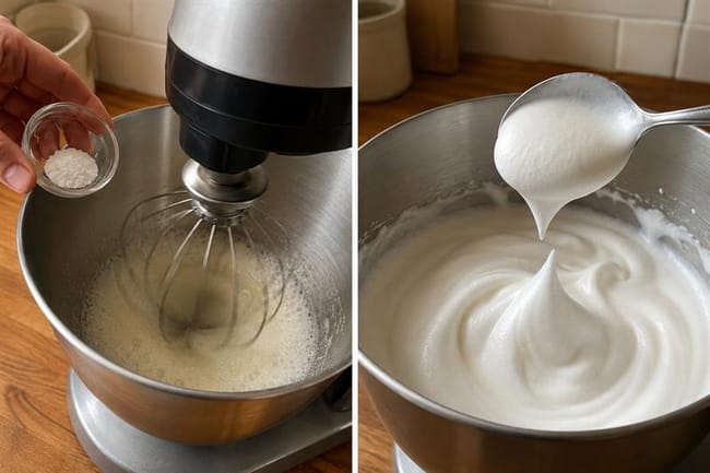 Whip the aquafaba to firm glossy peaks